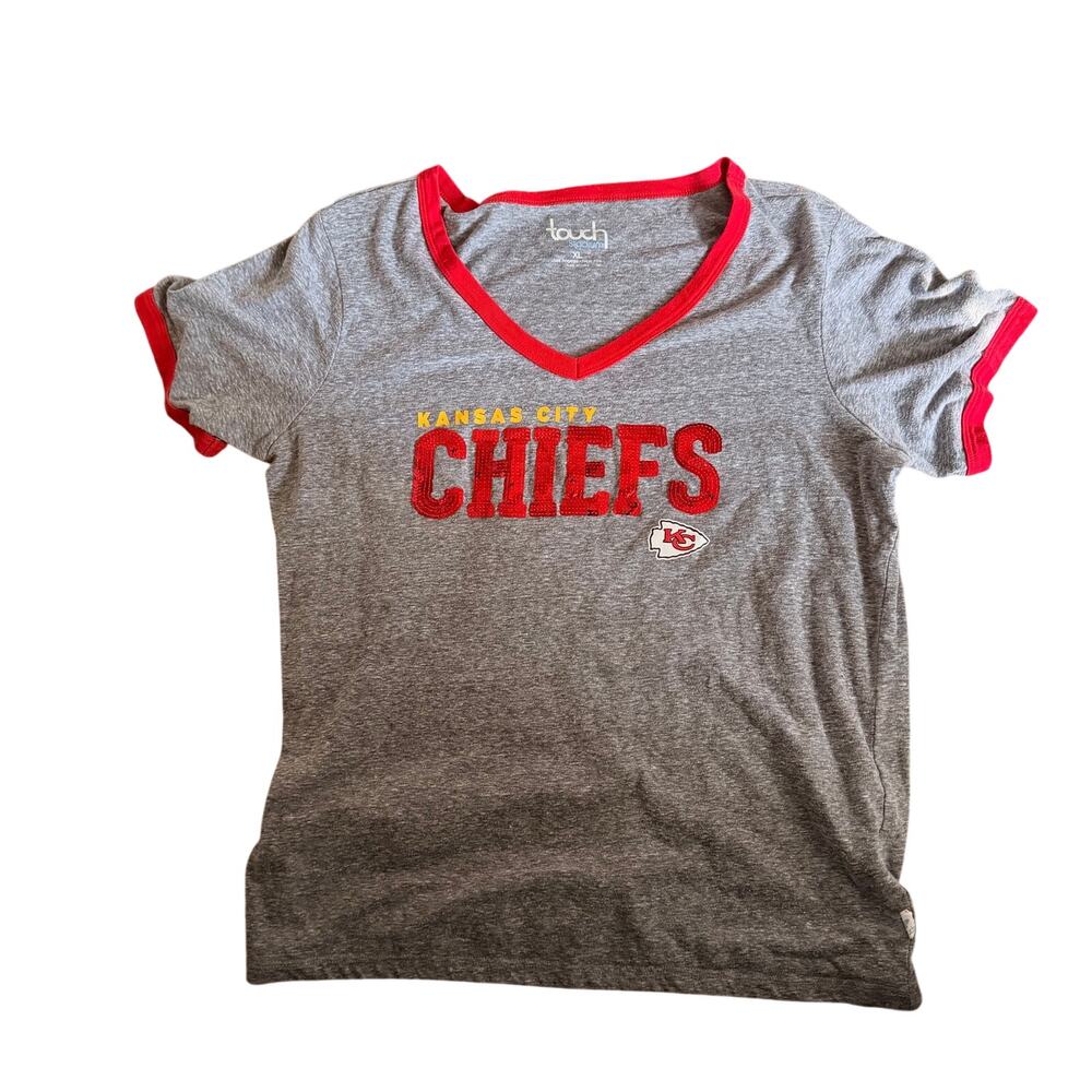 Kansas City Chiefs V-Neck Shirt Sequins Womens Size XL Grey Red NFL